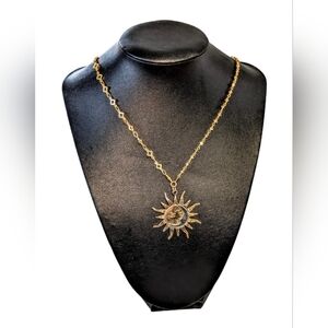 Golden Brass Bysantine Cross Chain, Moss Aquamarine Sun/Moon Pendant Necklace